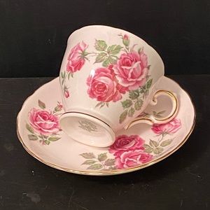 Vintage TUSCAN PINK TEA CUP SAUCER w/ PINK ROSES English Fine Bone China 185H